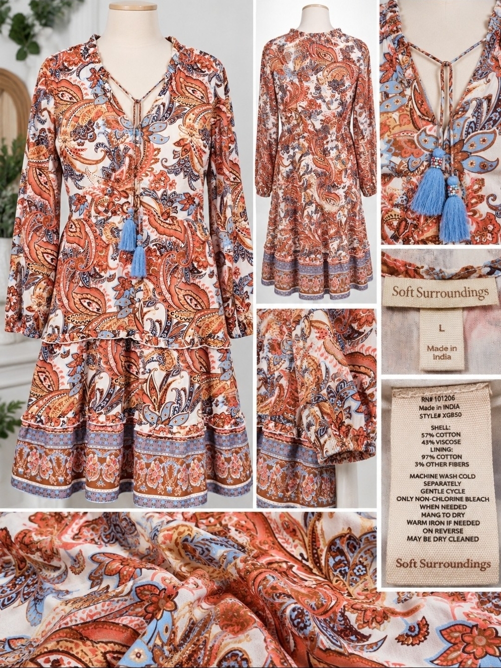 Soft Surroundings Paisley Boho Tassel Tiered Dress Size Large